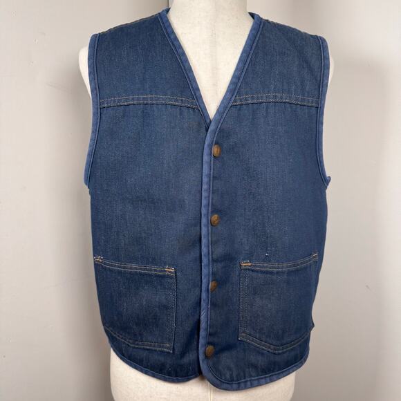 VTG  Carhartt Sherpa Lined Denim Snap Vest Blue Men's Retro Chore Barn Cowboy M - Picture 1 of 8